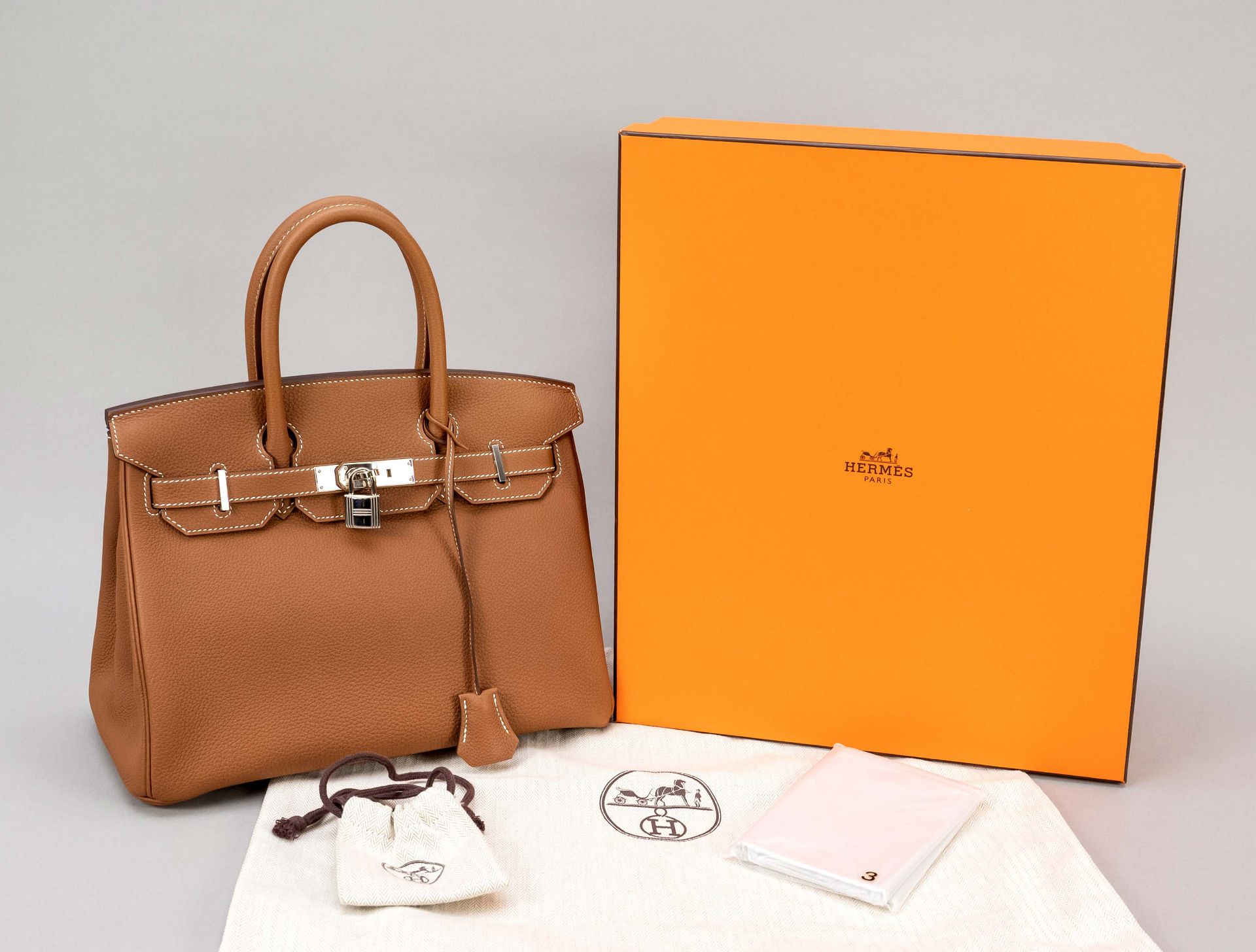 Hermes, Birkin Bag 30, cognac grained togo leather (baby calfskin) with white contrasting decorative