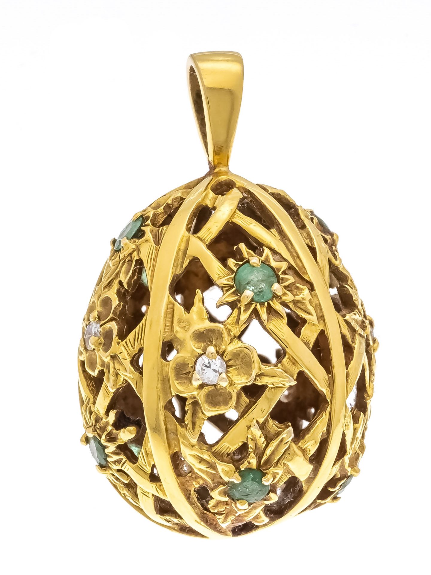 Filigree egg pendant GG 585/000 openwork with 10 round faceted emeralds 2,6 mm and 5 brilliants,