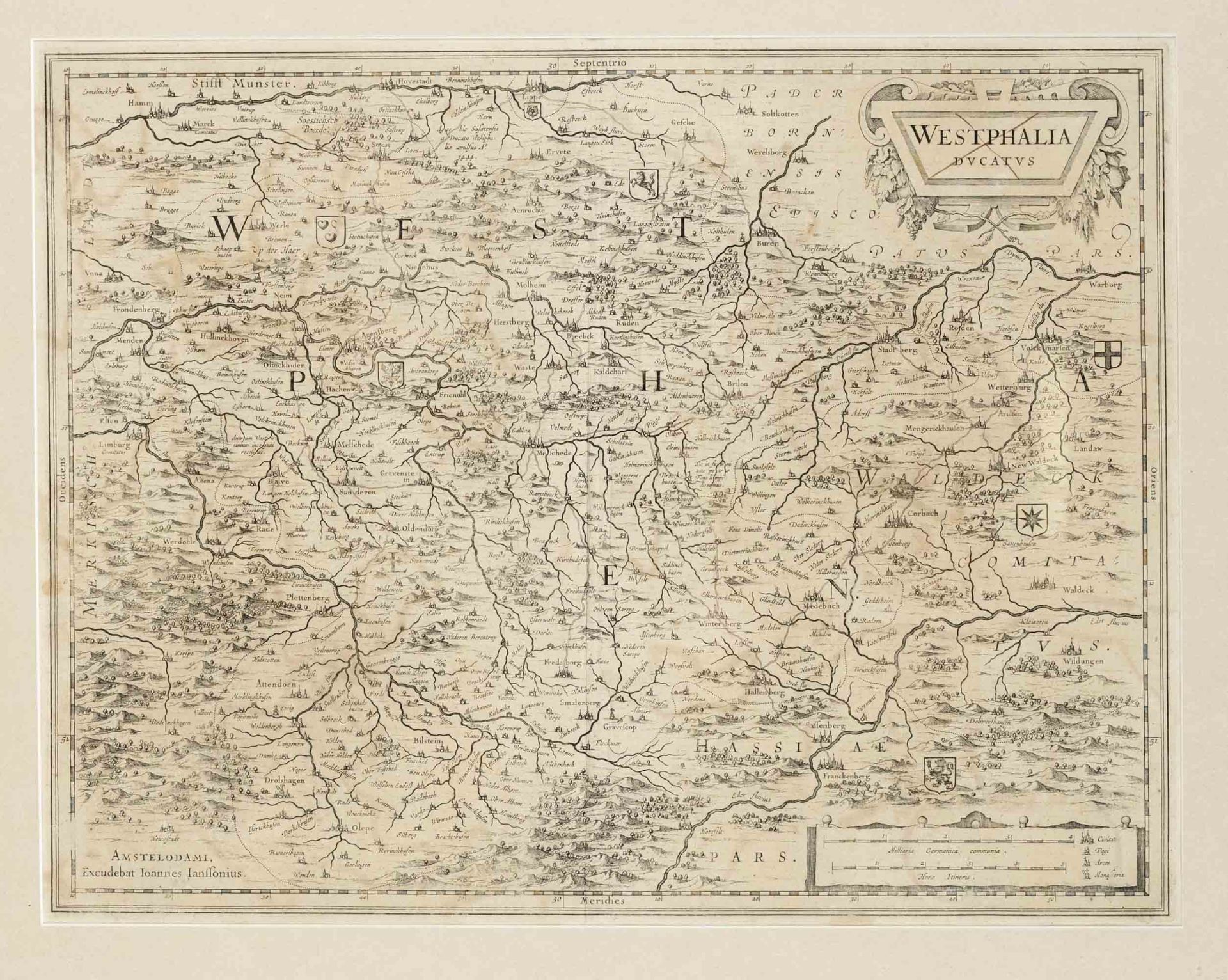 Historical Map of Westphalia, ''Westphalia Ducatus'', copper engraved map of the historical Duchy of