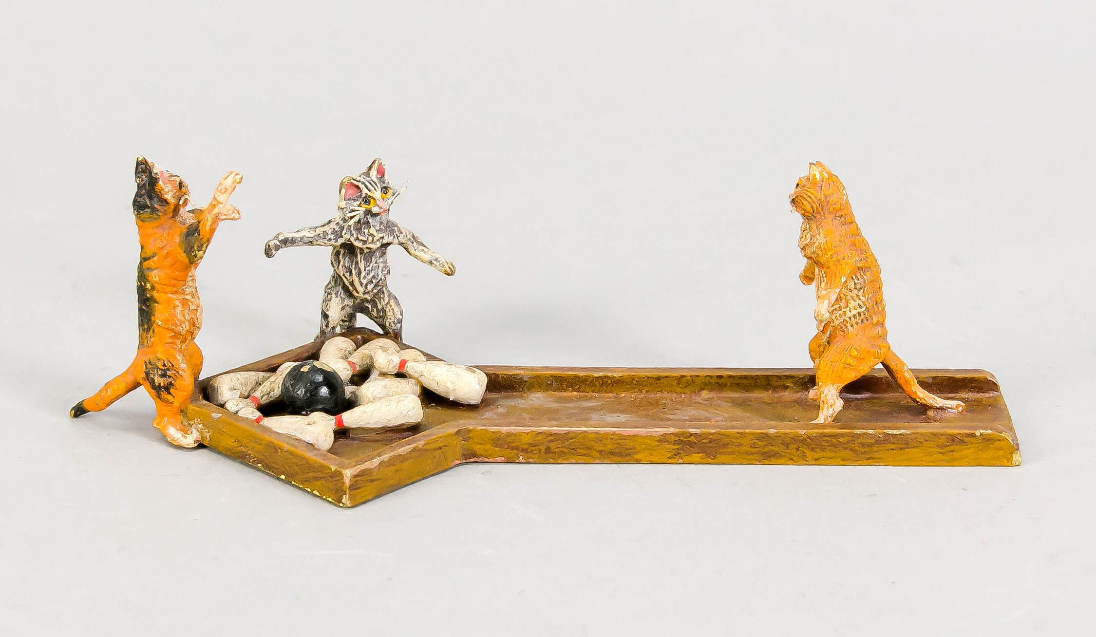 Viennese bronze, 20th century, three cats on a bowling alley, polychrome cold painted bronze,