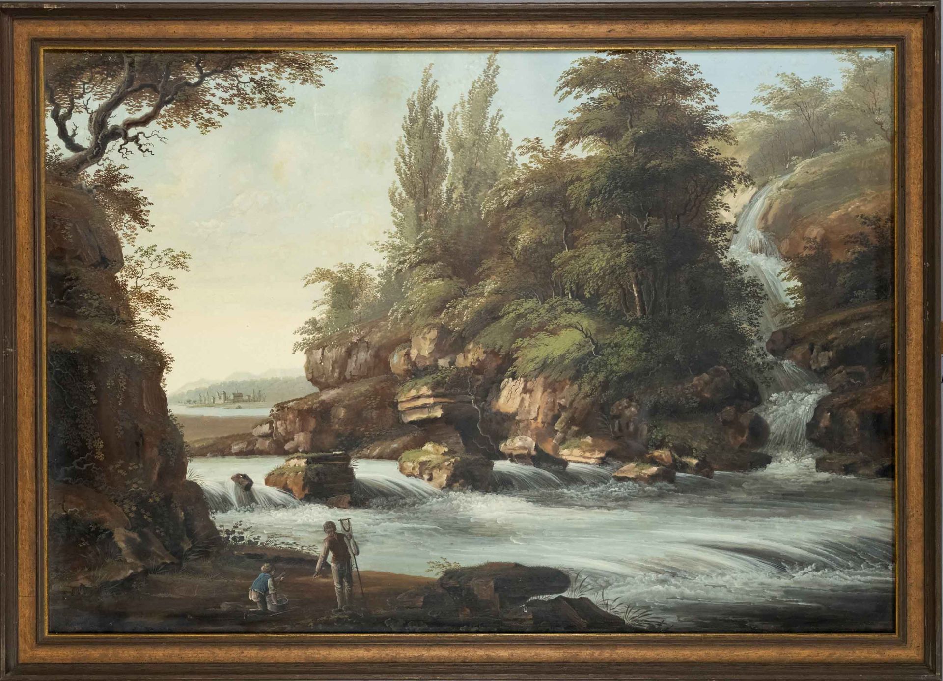 Swiss painter of the 18th century, pair of romantic landscapes at a rapids with fishermen.