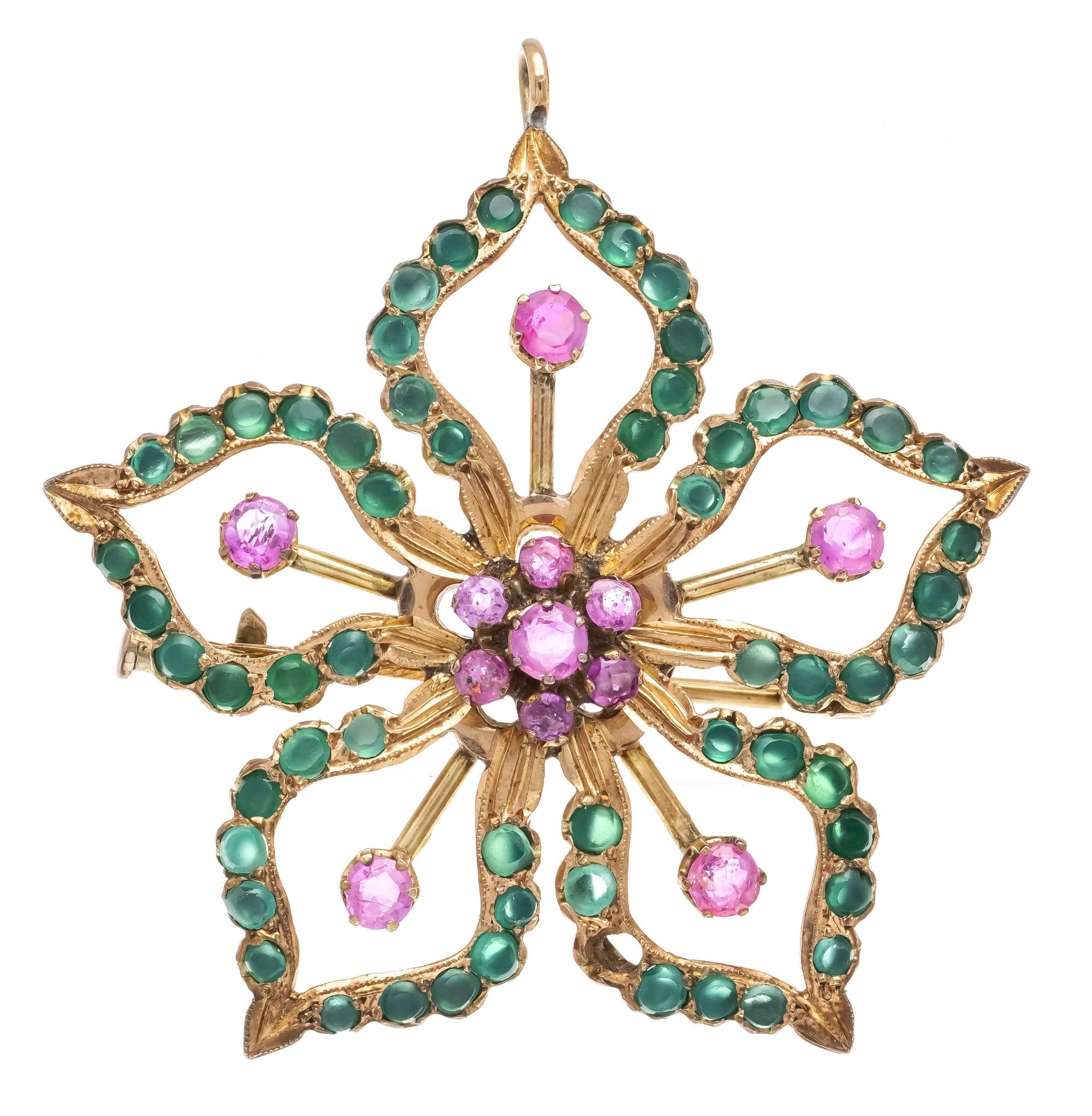 Emerald-ruby brooch RG 585/000 with round faceted emeralds and rubies 2,5 - 2 mm in very good