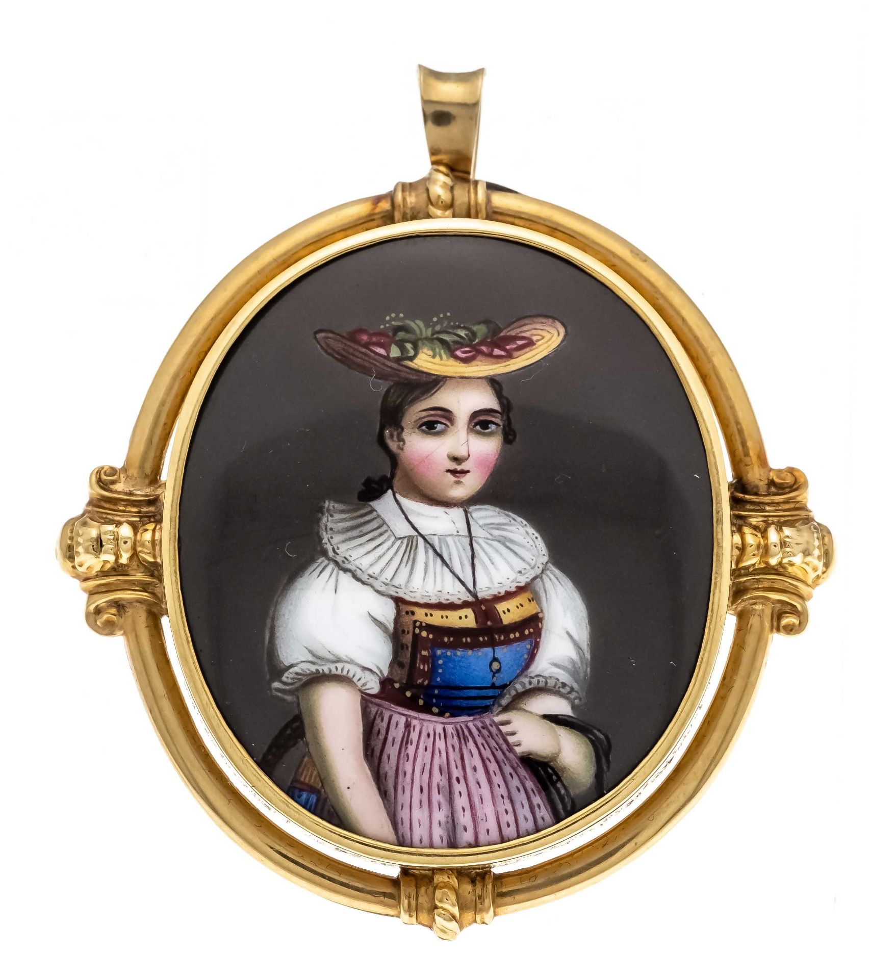 Antique miniature pendant/brooch GG 585/000 unstamped, tested, with an oval miniature painting 33,