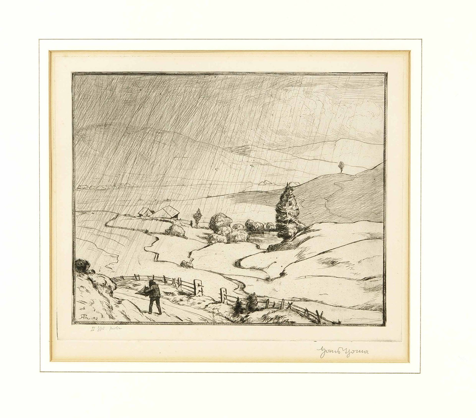 Hans Thoma (1839-1924), Landscape with Figure in the Rain, drypoint etching, signed by hand lower