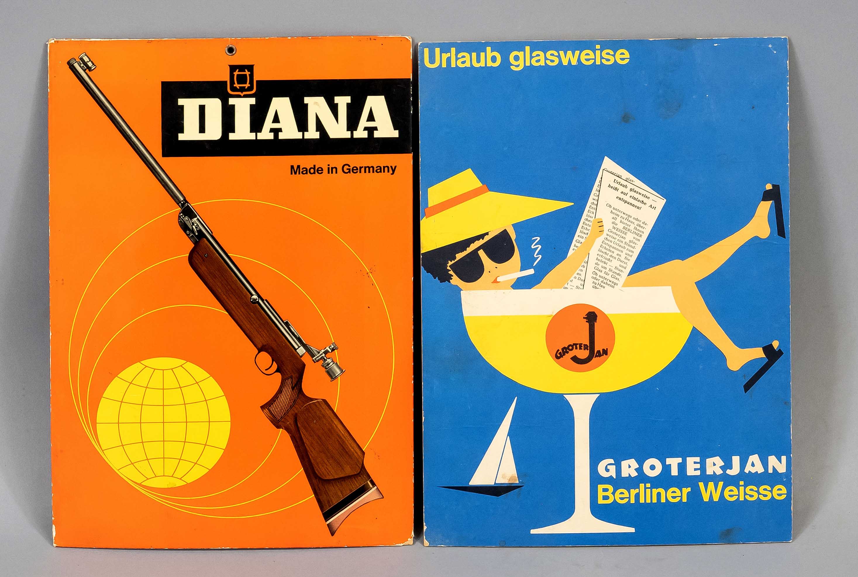 2 advertising signs, mid-20th century, papier-mâché, one lady in a glass for ''Groterjan Berliner