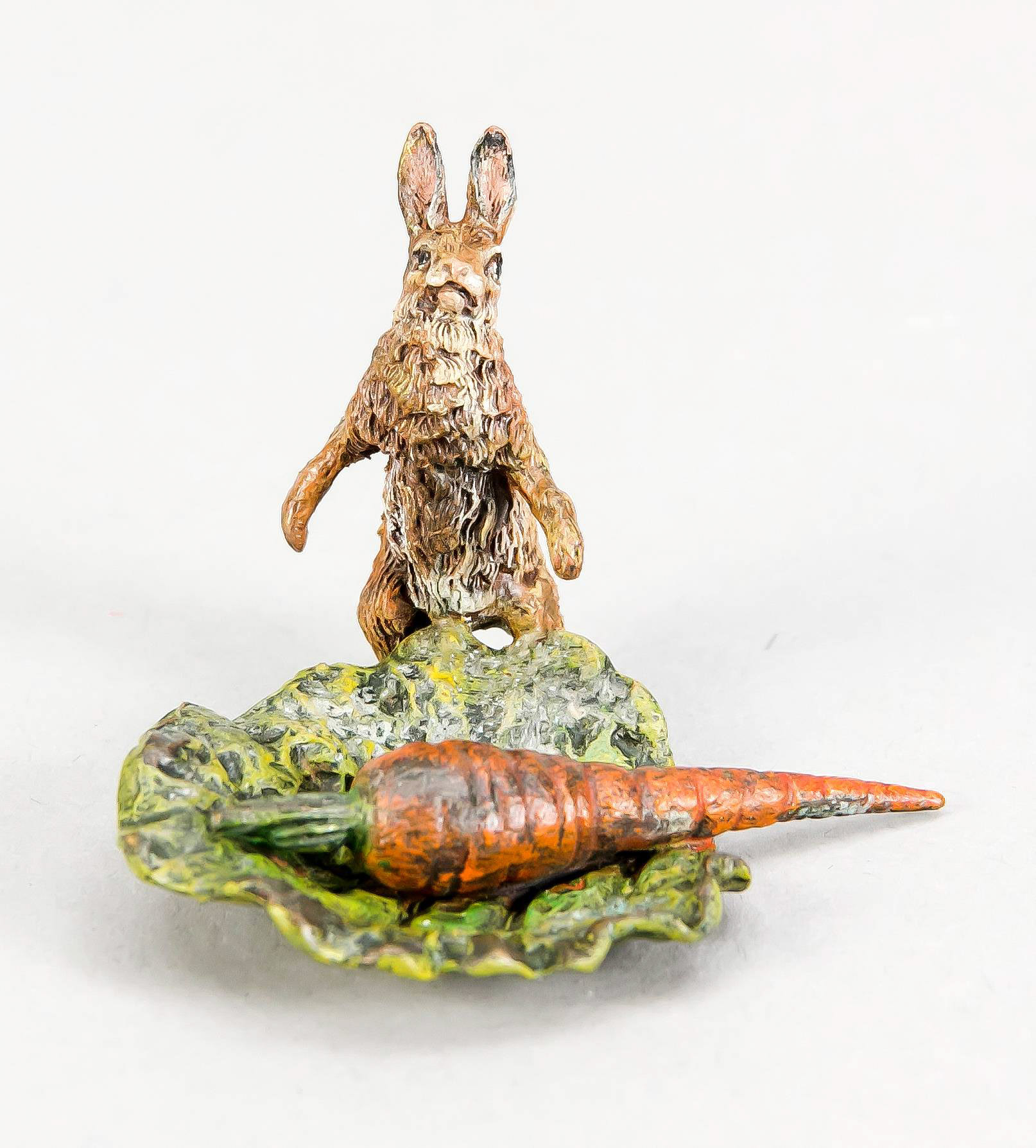 Viennese bronze, 20th c., hare with carrot on a large leaf, polychrome cold-painted bronze,