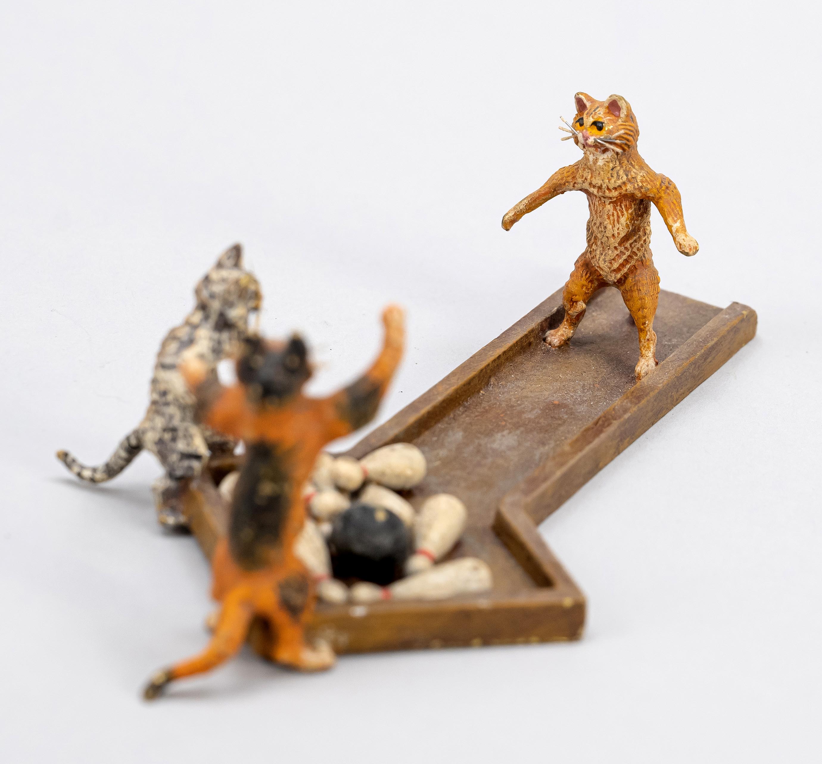 Viennese bronze, 20th century, three cats on a bowling alley, polychrome cold painted bronze, - Image 2 of 2