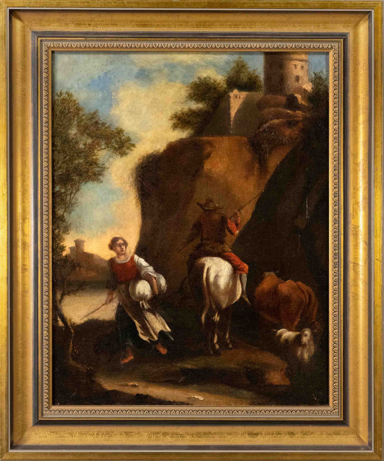 Anonymous painter 1st half of the 18th century, Meeting of shepherdess and horseman in rocky