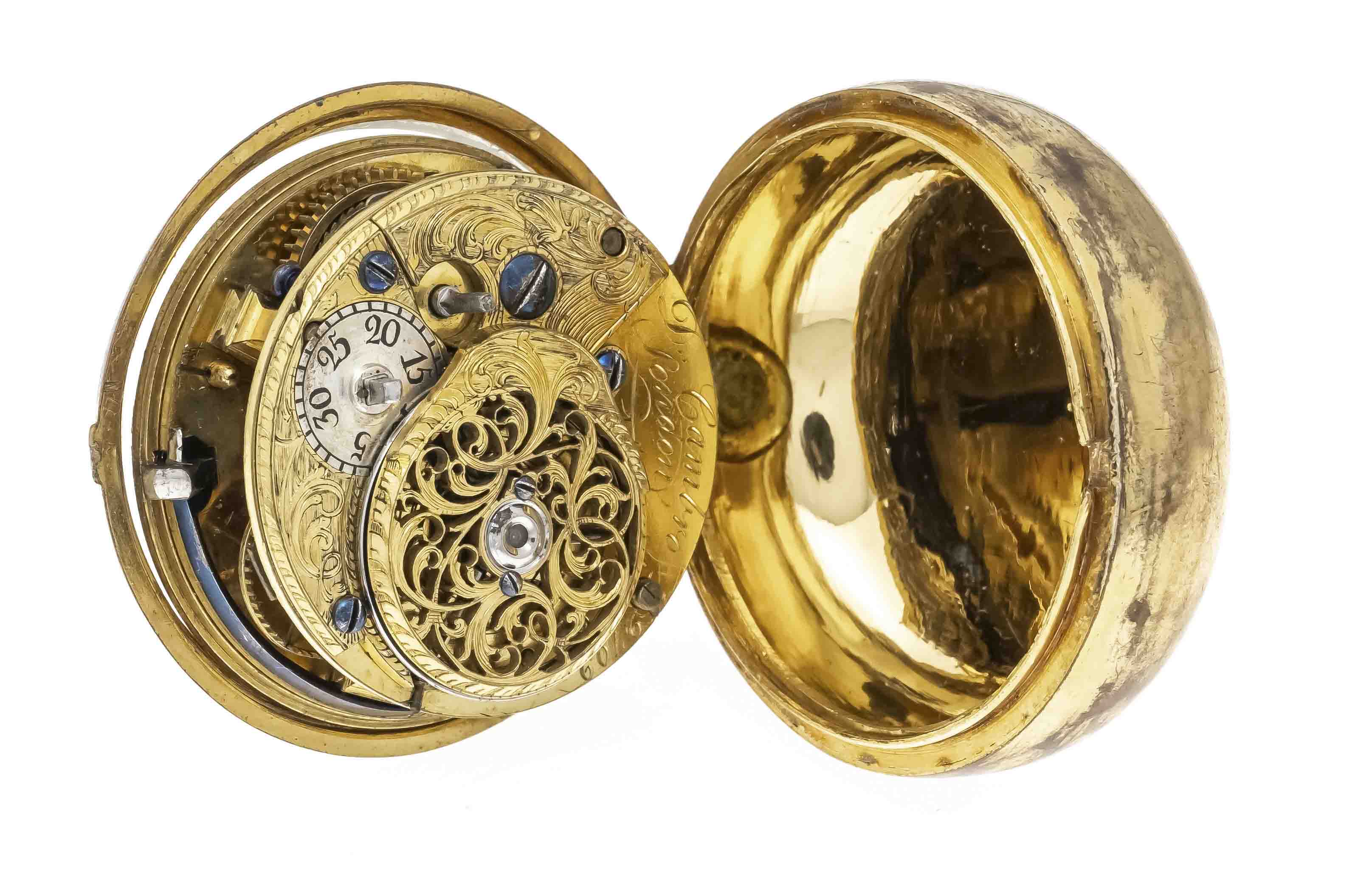 Spindle pocket watch by D. Cambro London, in a gilded over-case, spindle movement with chain - Image 2 of 2