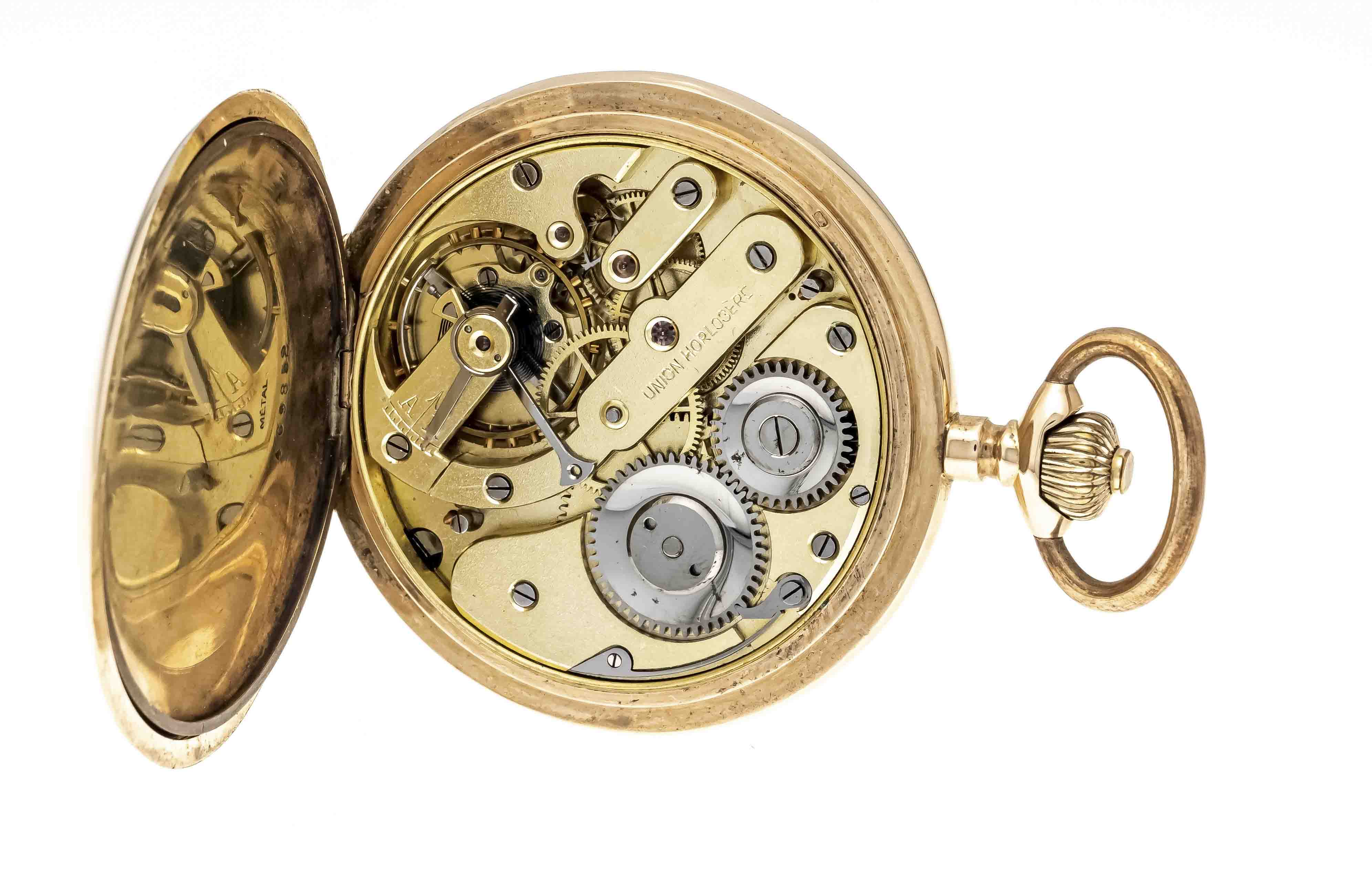 Union Horologere, jumping lid pocket watch, 585/000 GG, 2 lids, polished case on all sides, white - Image 2 of 2