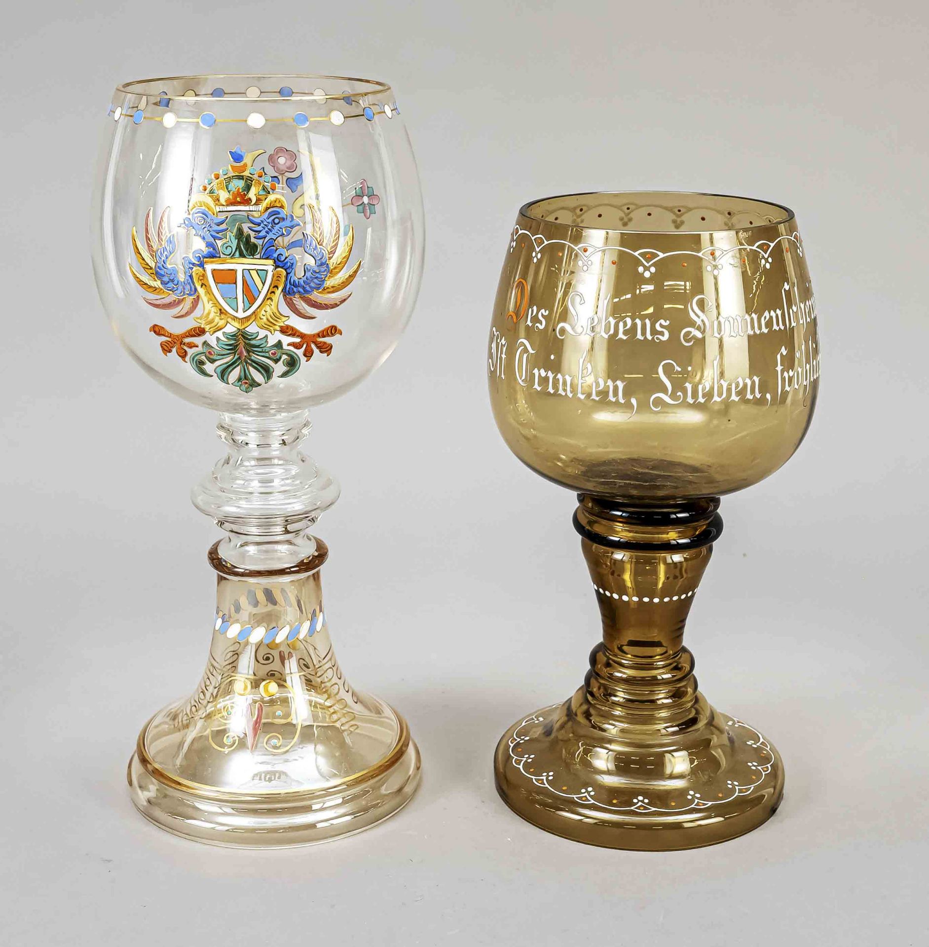 Two very large showpiece goblets, around 1900, each with round vaulted stand, jointed stem and