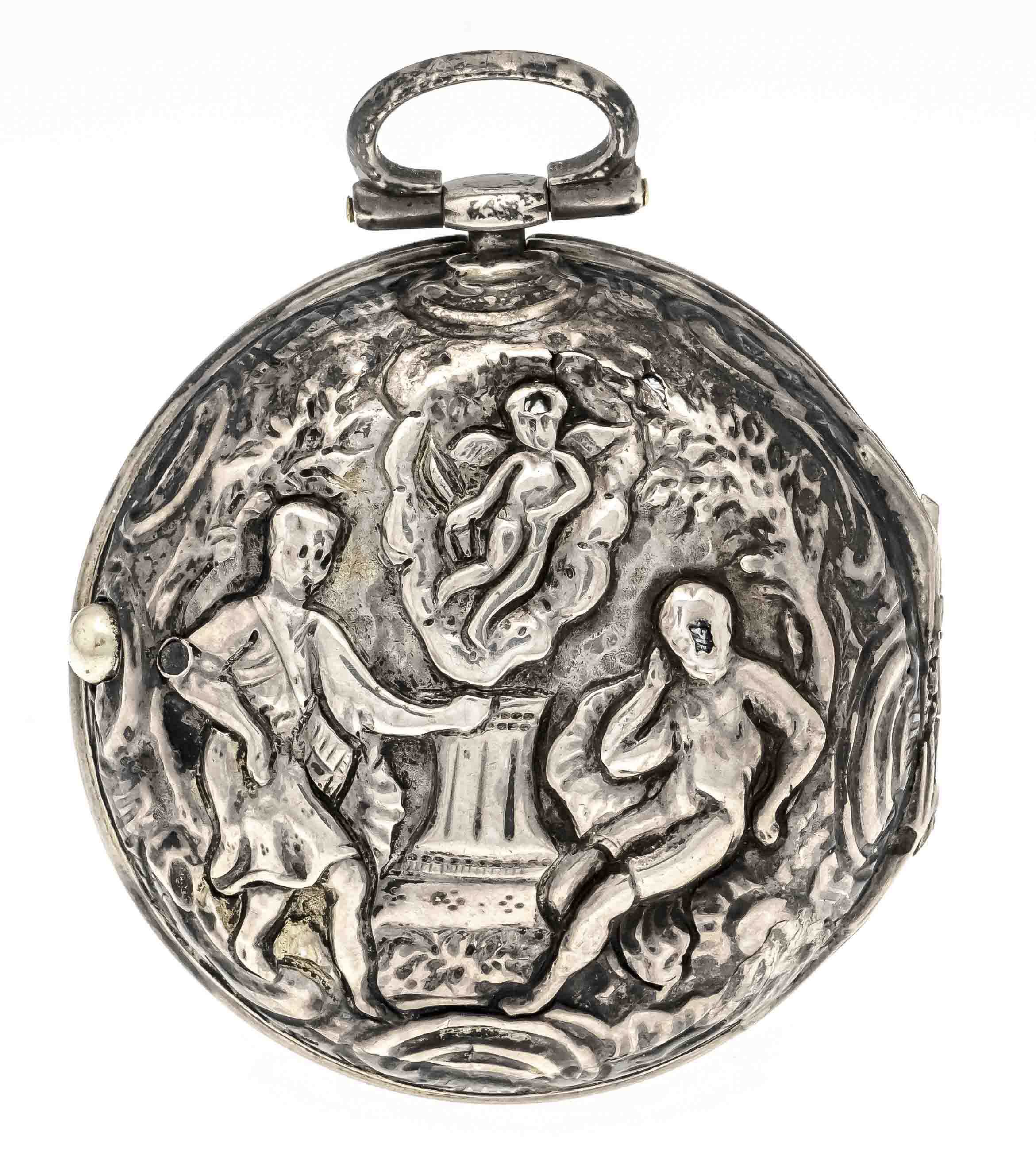 Spindle pocket watch, polished silver case and silver overcase with figural scene and angel, G. - Image 3 of 3