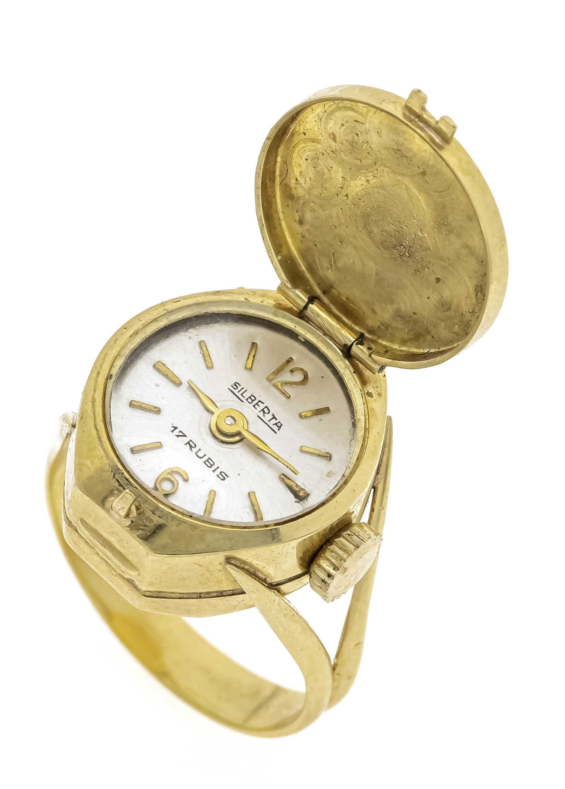 Watch ring GG 585/000 with a silver ladies' watch, manual winding calibre PUW 74 running, white dial