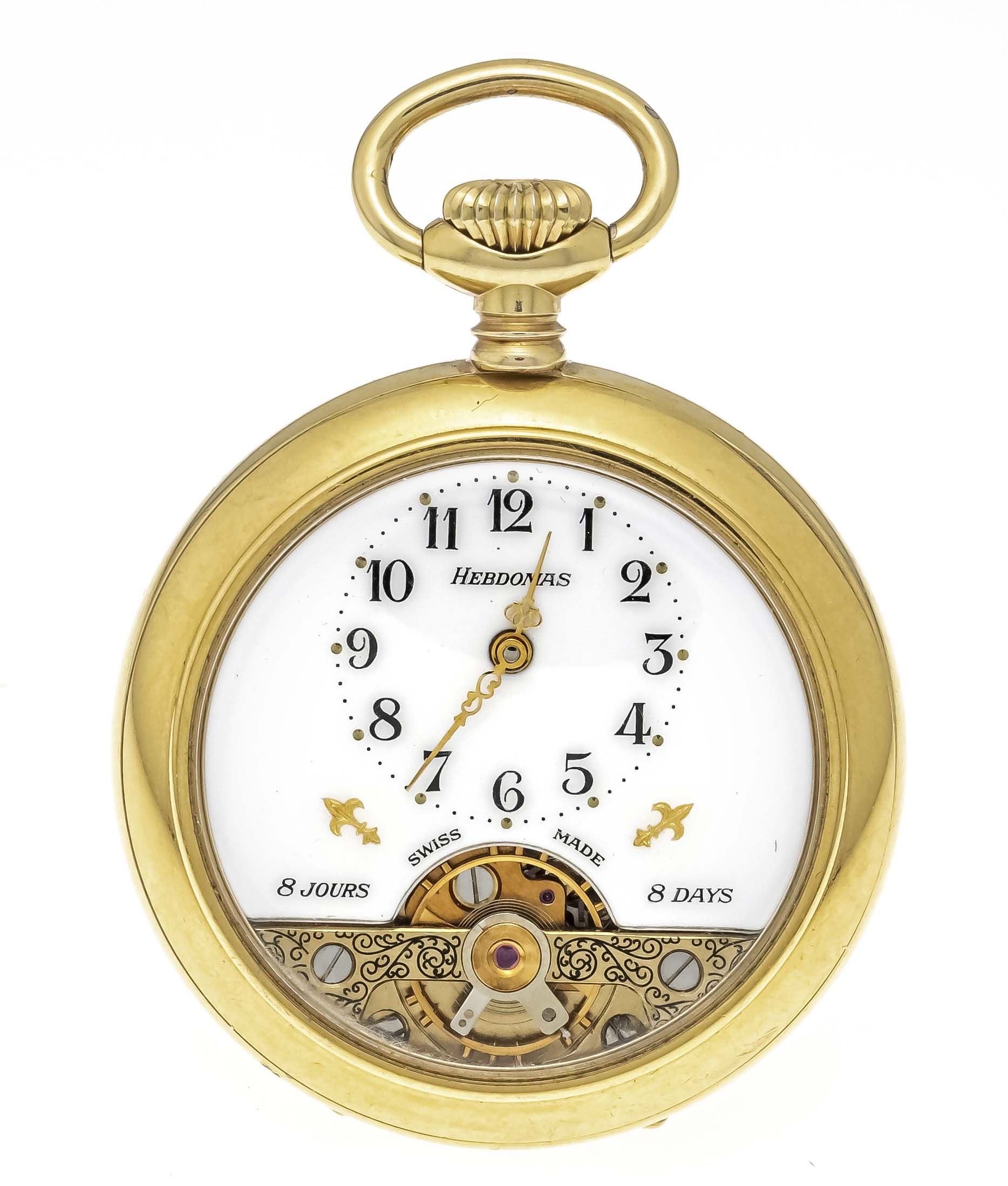 Hebdomas open pocket watch, double, 8-day movement, white enamel dial with arab. numerals, gilded