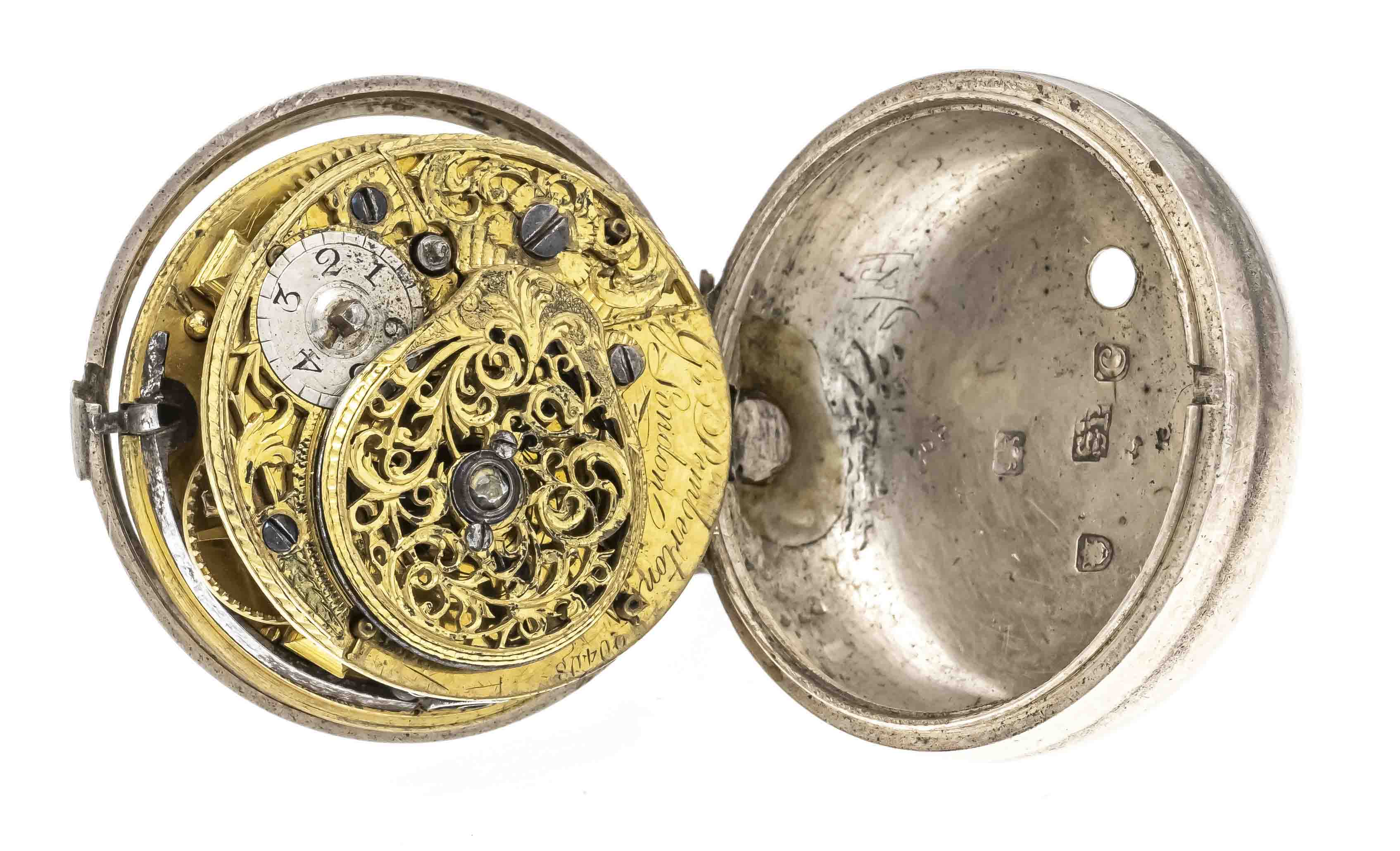 Spindle pocket watch, polished silver case and silver overcase with figural scene and angel, G. - Image 2 of 3