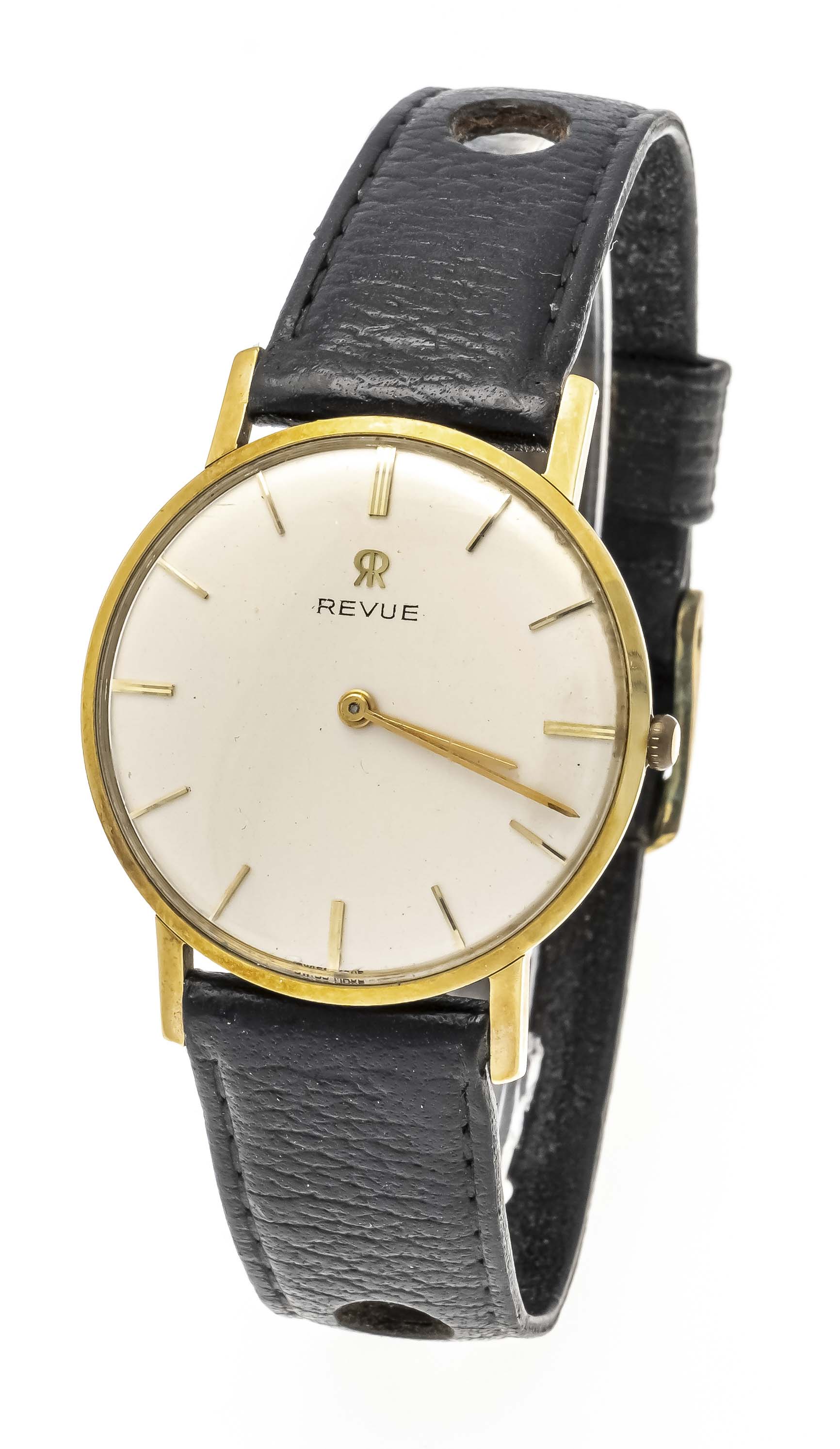 Revue men's wristwatch, 585/000 GG, ref. 7901 L359, manual winding cal. 79 running, white dial