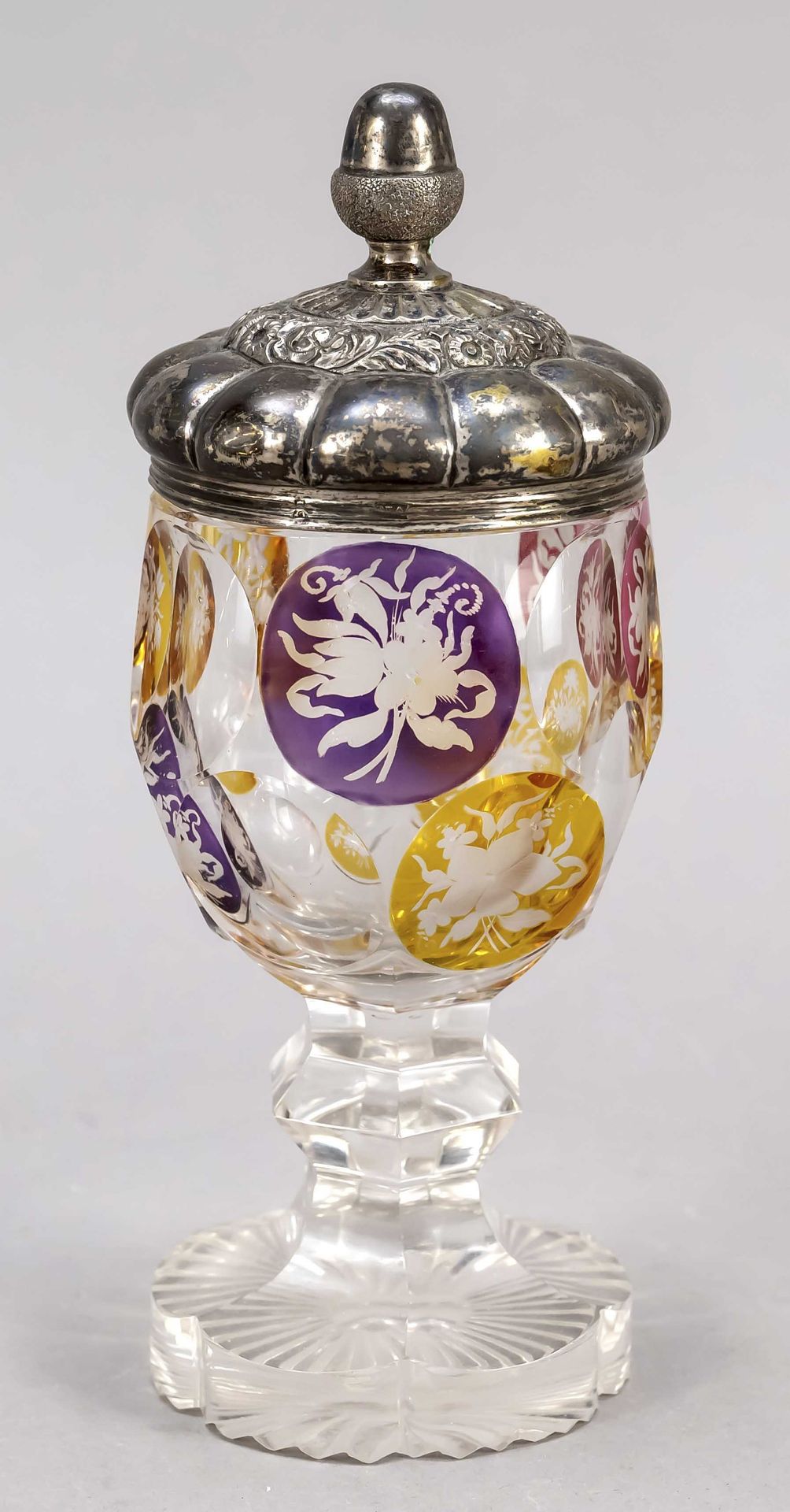 Goblet glass with silver lid, German, 19th century, hallmark Hamburg, MZ verschlagen, hallmarked