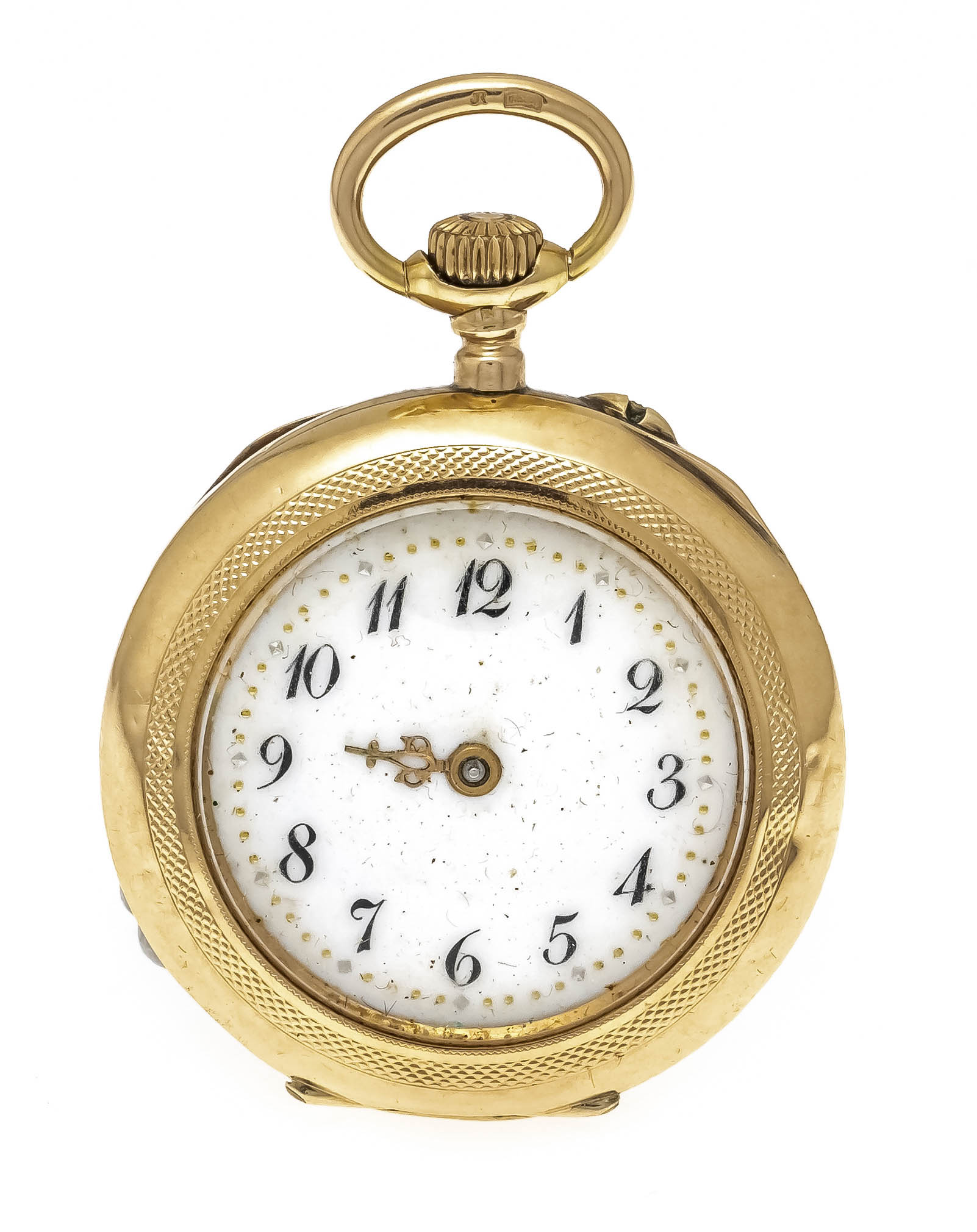 open lady's pocket watch, case and 1 cover 585/000 GG, back with guilloché and floral engraving,