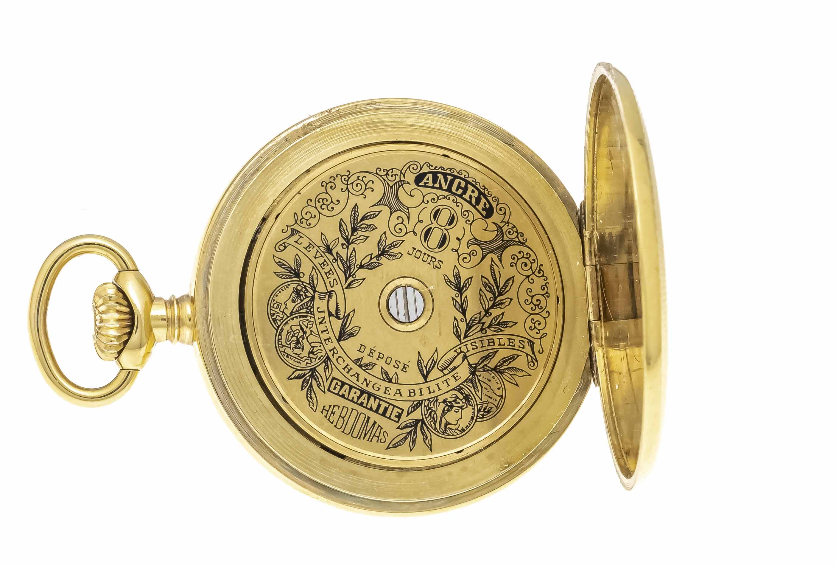 Hebdomas open pocket watch, double, 8-day movement, white enamel dial with arab. numerals, gilded - Image 2 of 2