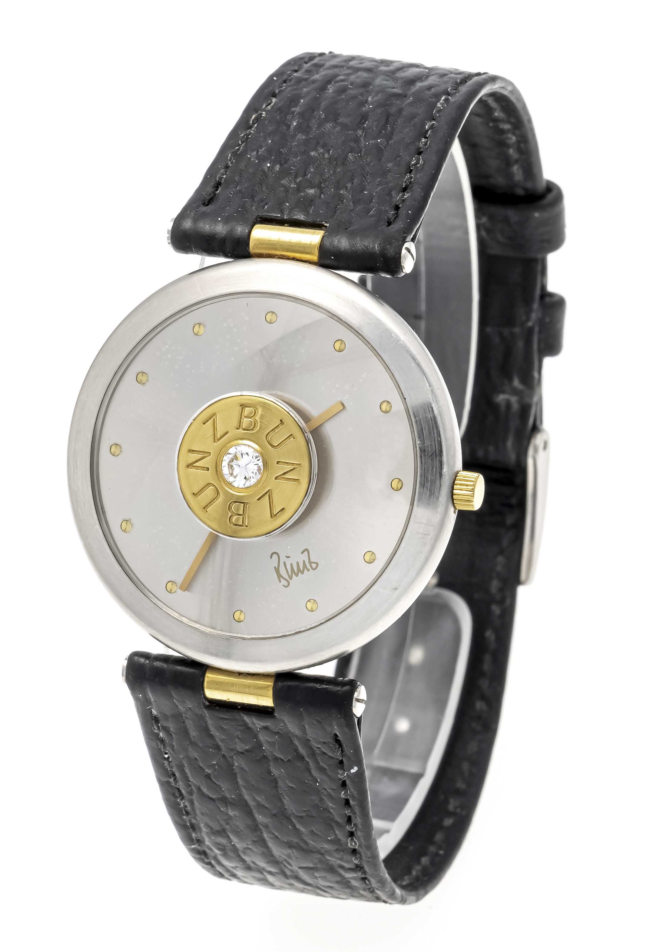 Bunz quartz watch, steel 750/000 gold, with diamond in the centre 0,16ct. TW/VSi, with silverf. dial