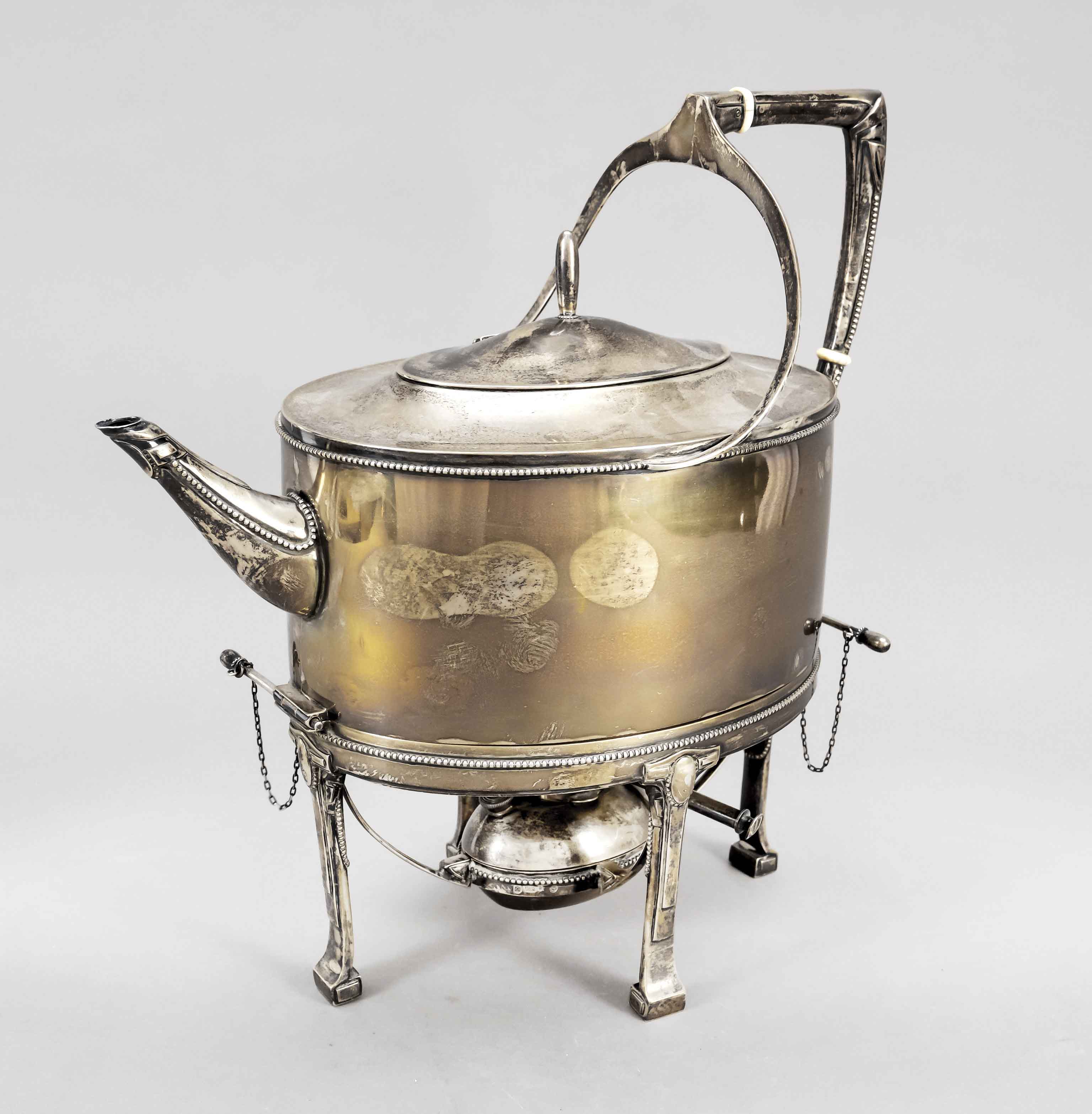 Tea kettle on rechaud, 20th century, maker's mark VMS, plated, rechaud on 3 decorated legs, beaded