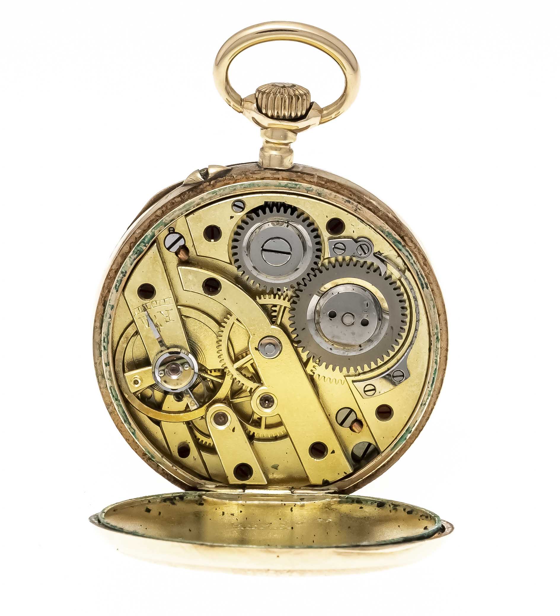 open lady's pocket watch, case and 1 cover 585/000 GG, back with guilloché and floral engraving, - Image 3 of 3