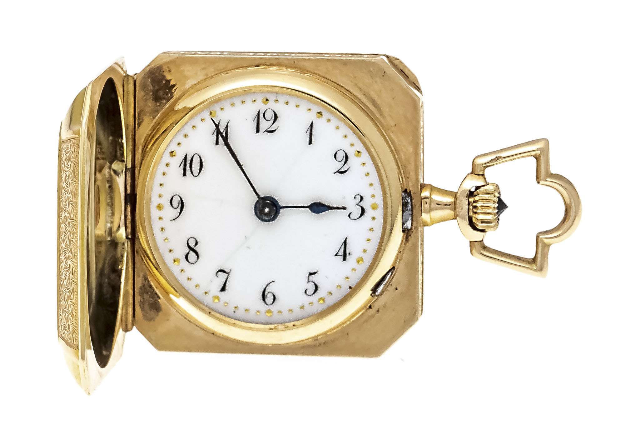 Lady's pocket watch 585/000 GG, 8-cornered, spring cover, floral engraved with polychrome enamel, on