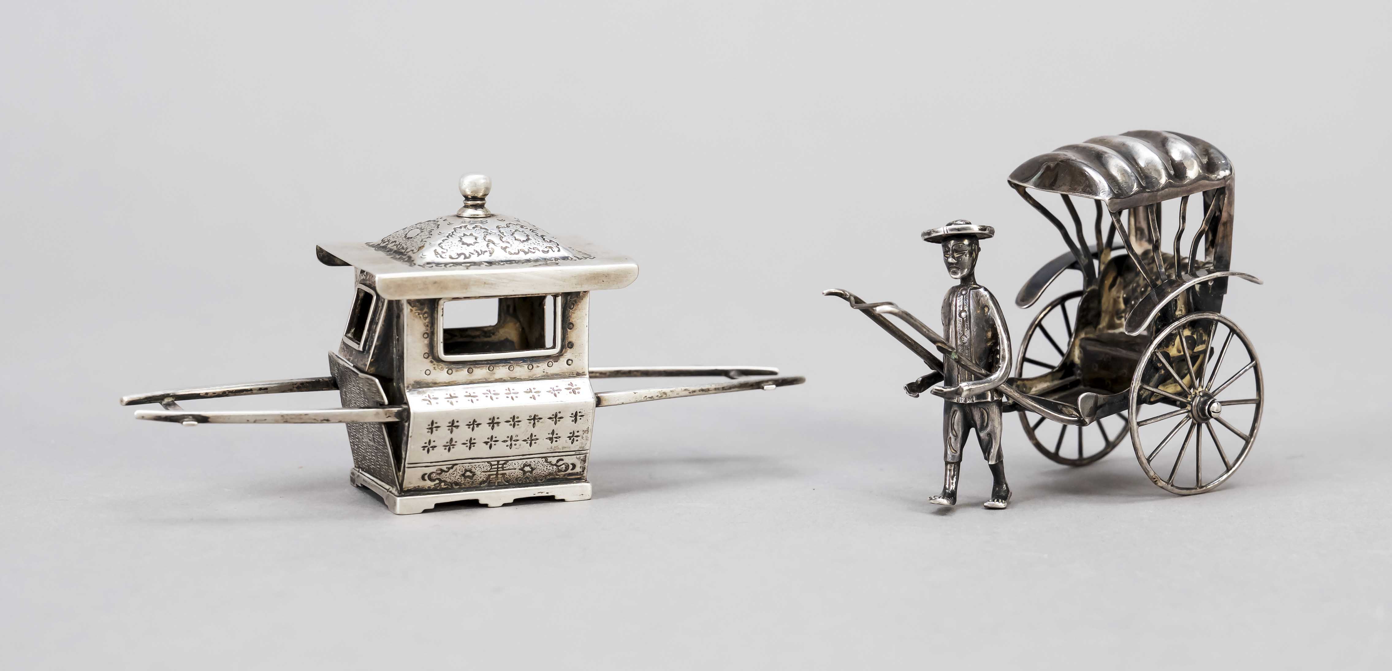 Two miniatures, China c. 1900, Chinese export marks, hallmarked silver, 1 palanquin, master mark