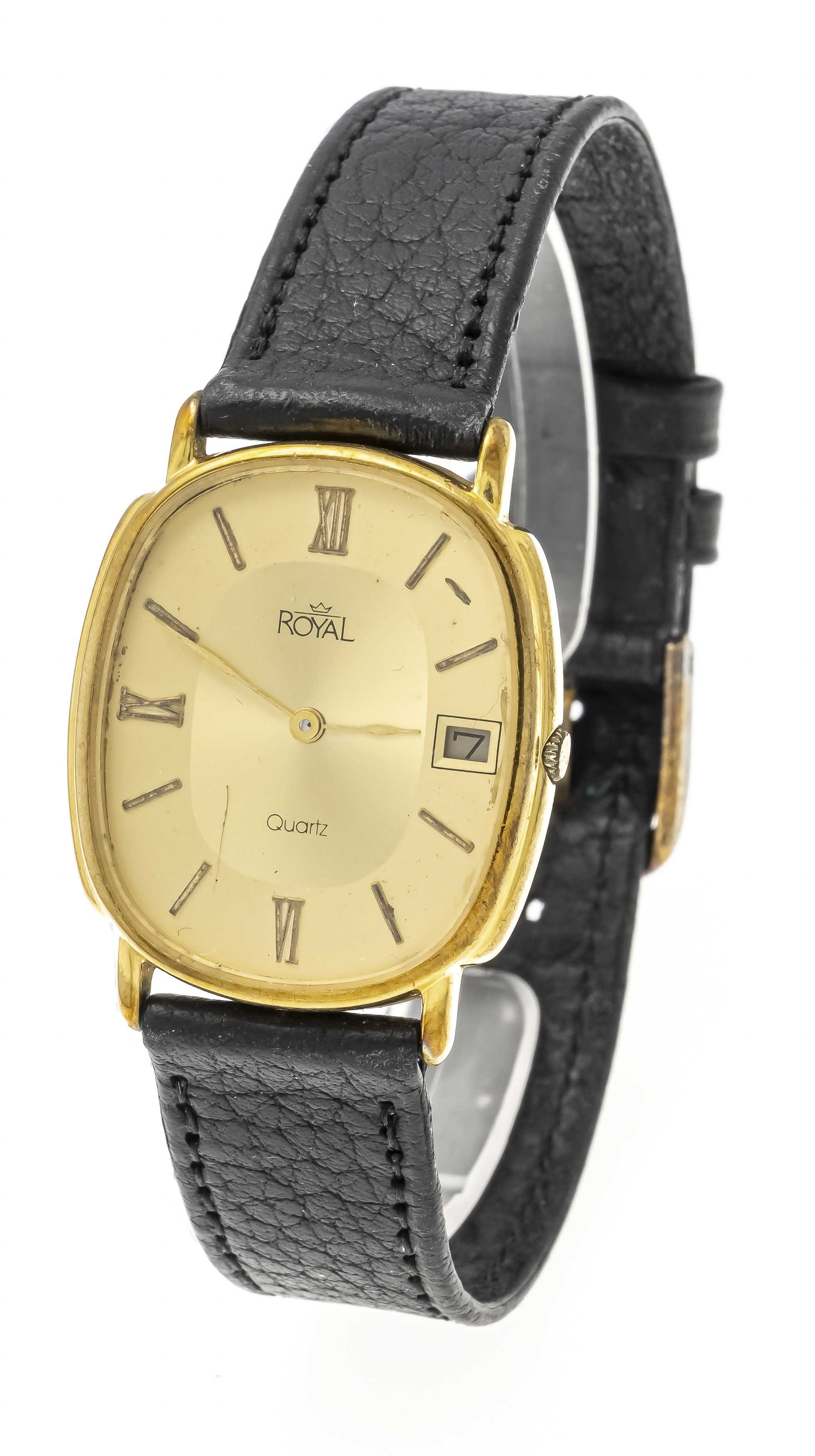 Royal men's quartz watch, 333/000 GG, oval case, gold dial with gilded roman numerals, bars and