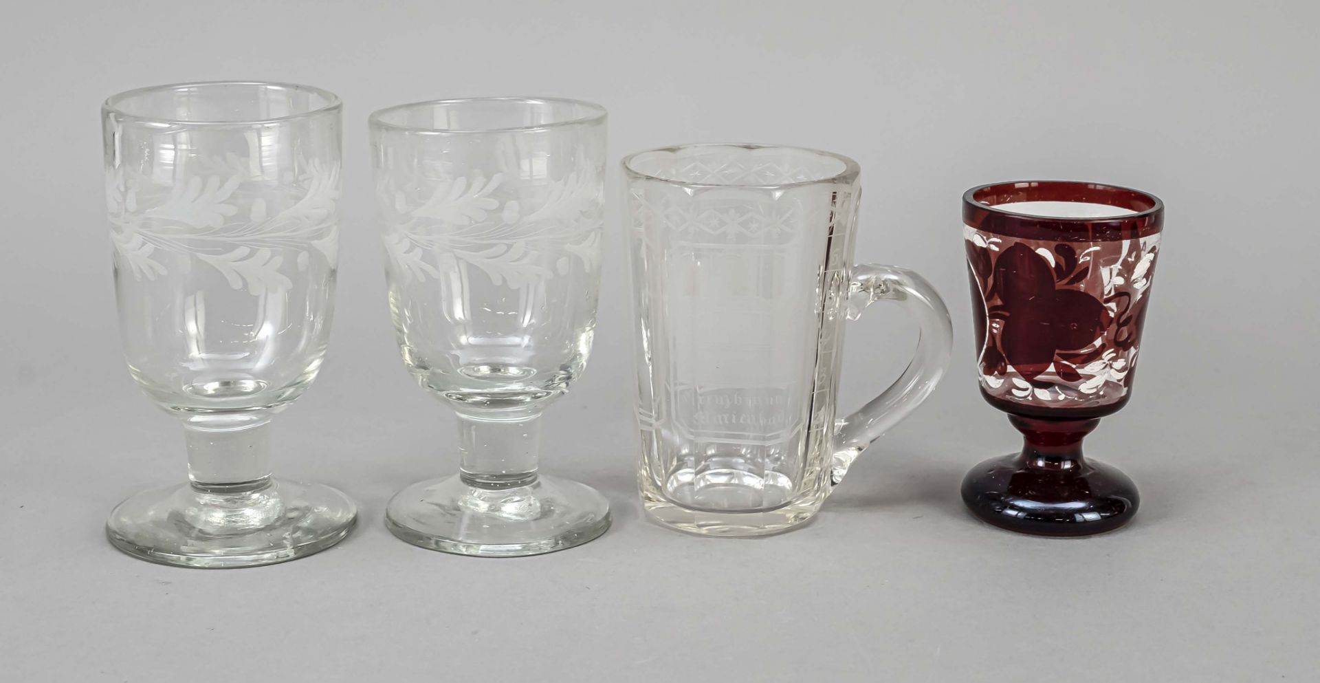 Group of four glasses, 19th century, different shapes and sizes, 3 footed glasses, each with round