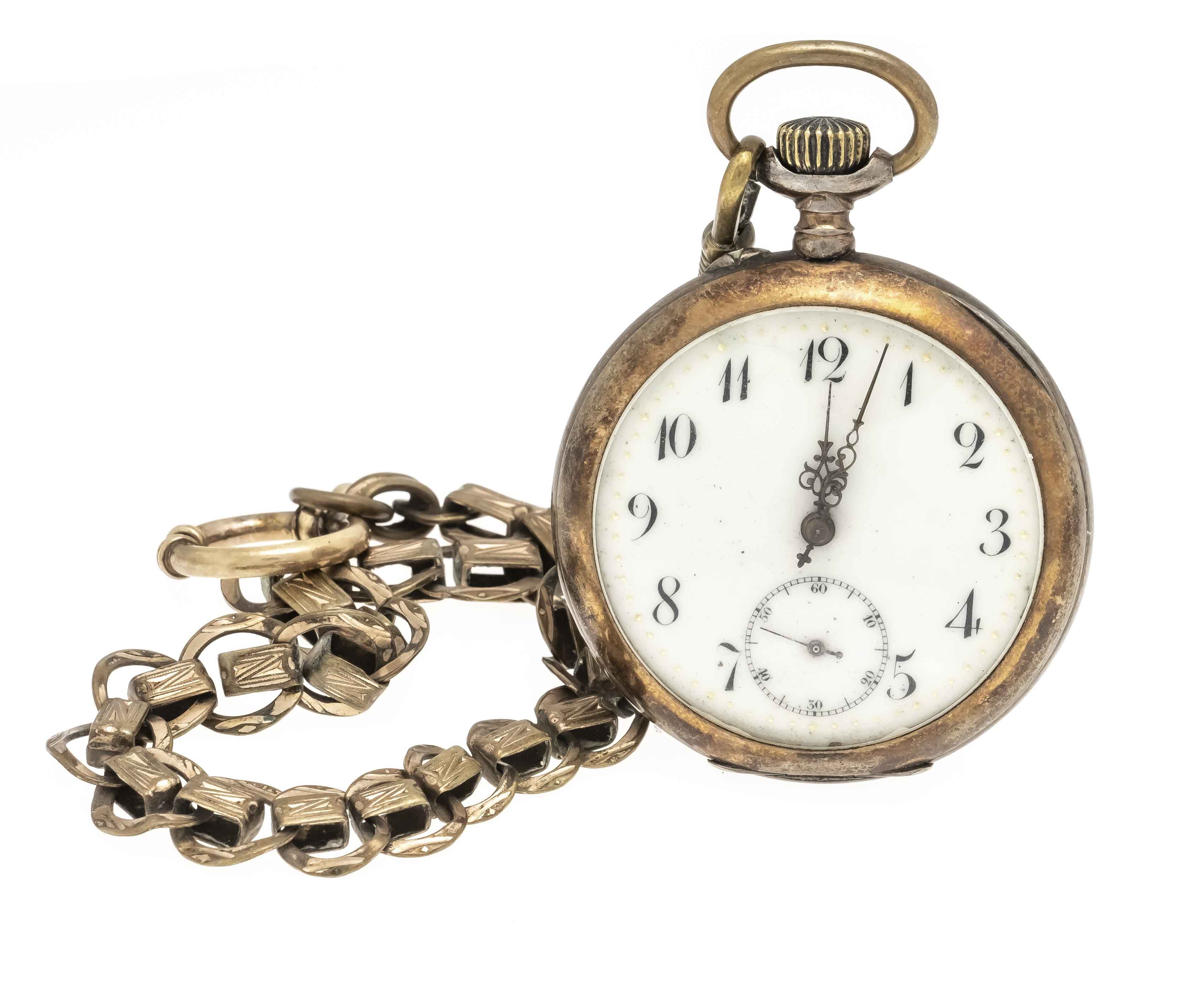 Men's pocket watch 800/000 silver with dbl.chain, case partly gold plated, backside guiloched with