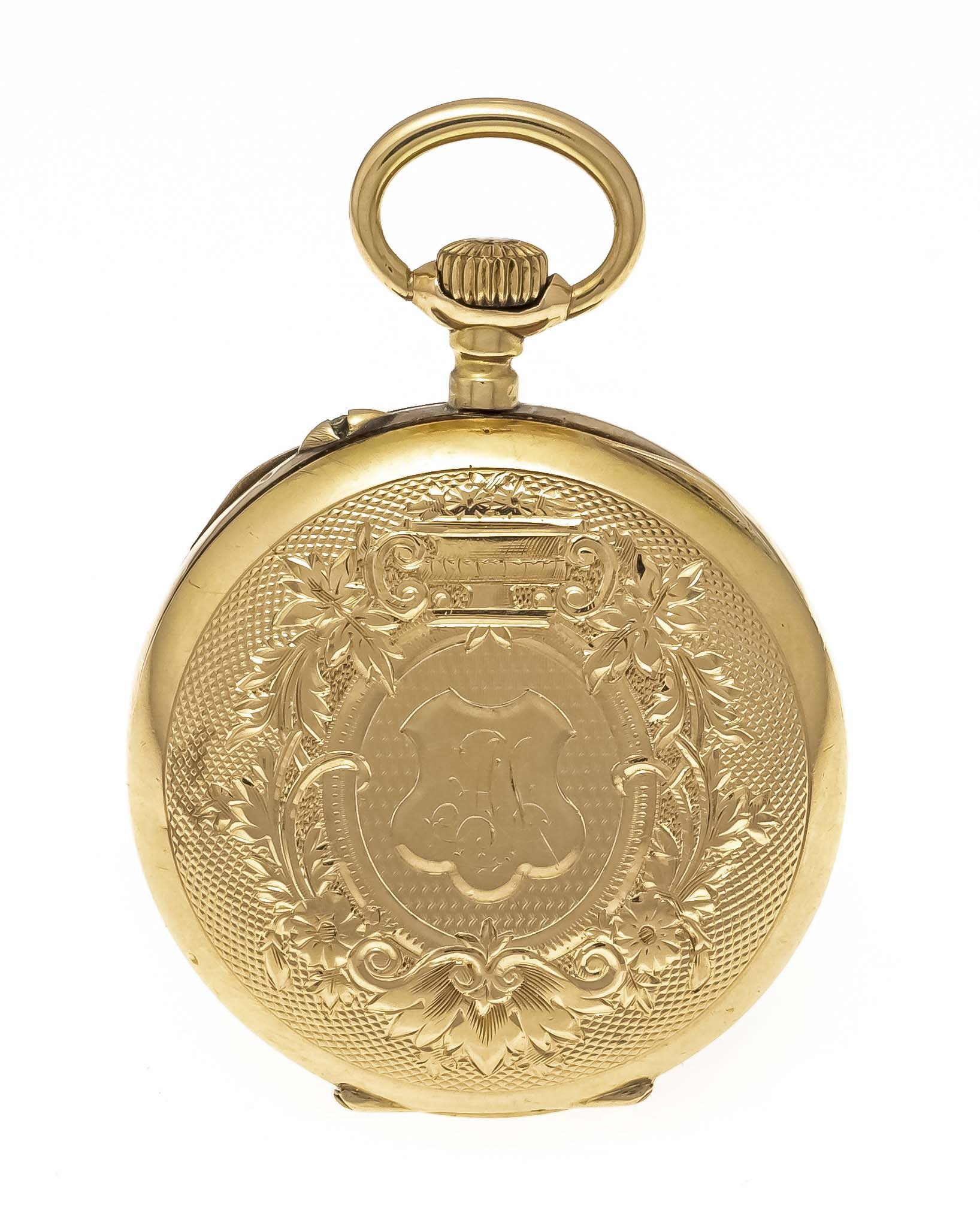 open lady's pocket watch, case and 1 cover 585/000 GG, back with guilloché and floral engraving, - Image 2 of 3