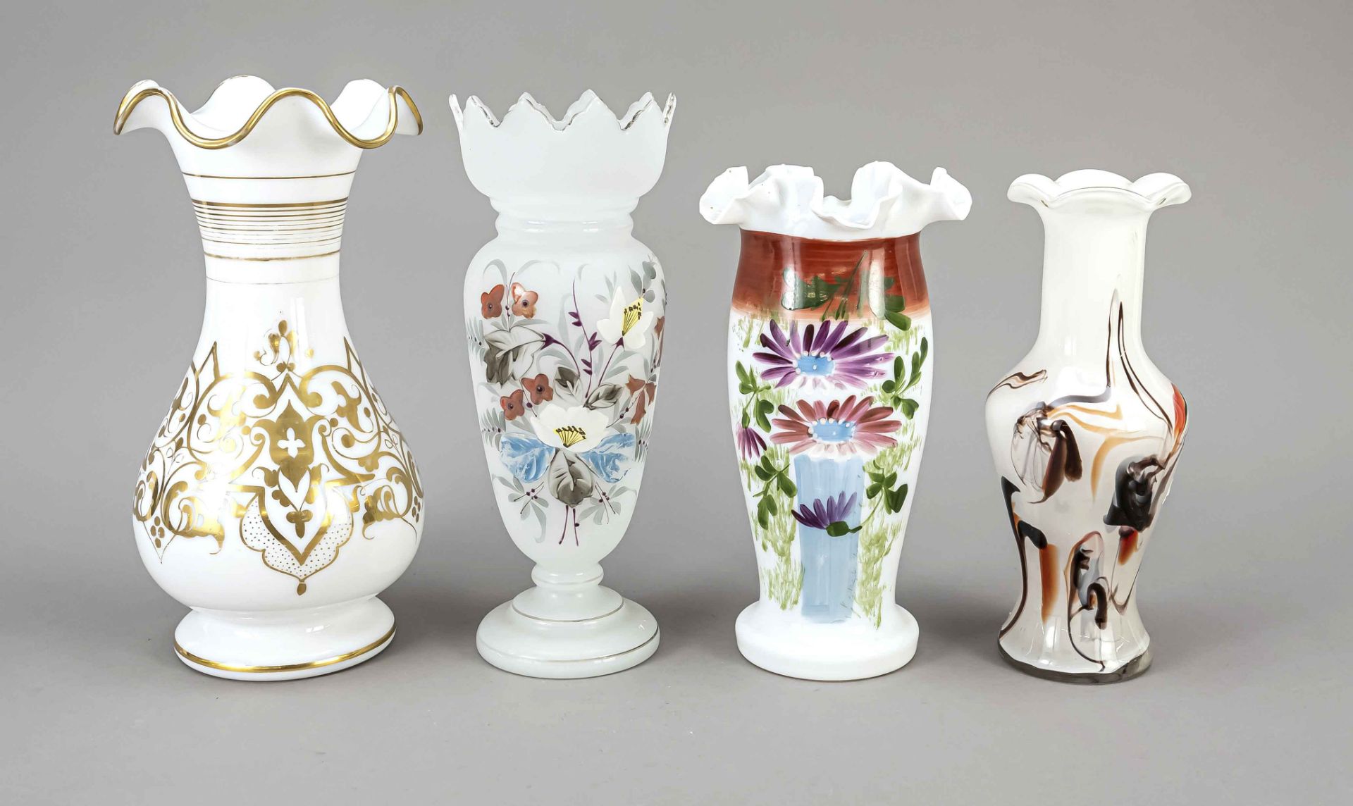 Four vases, 20th century, different shapes and sizes, 3x milk glass, 1x clear glass, white