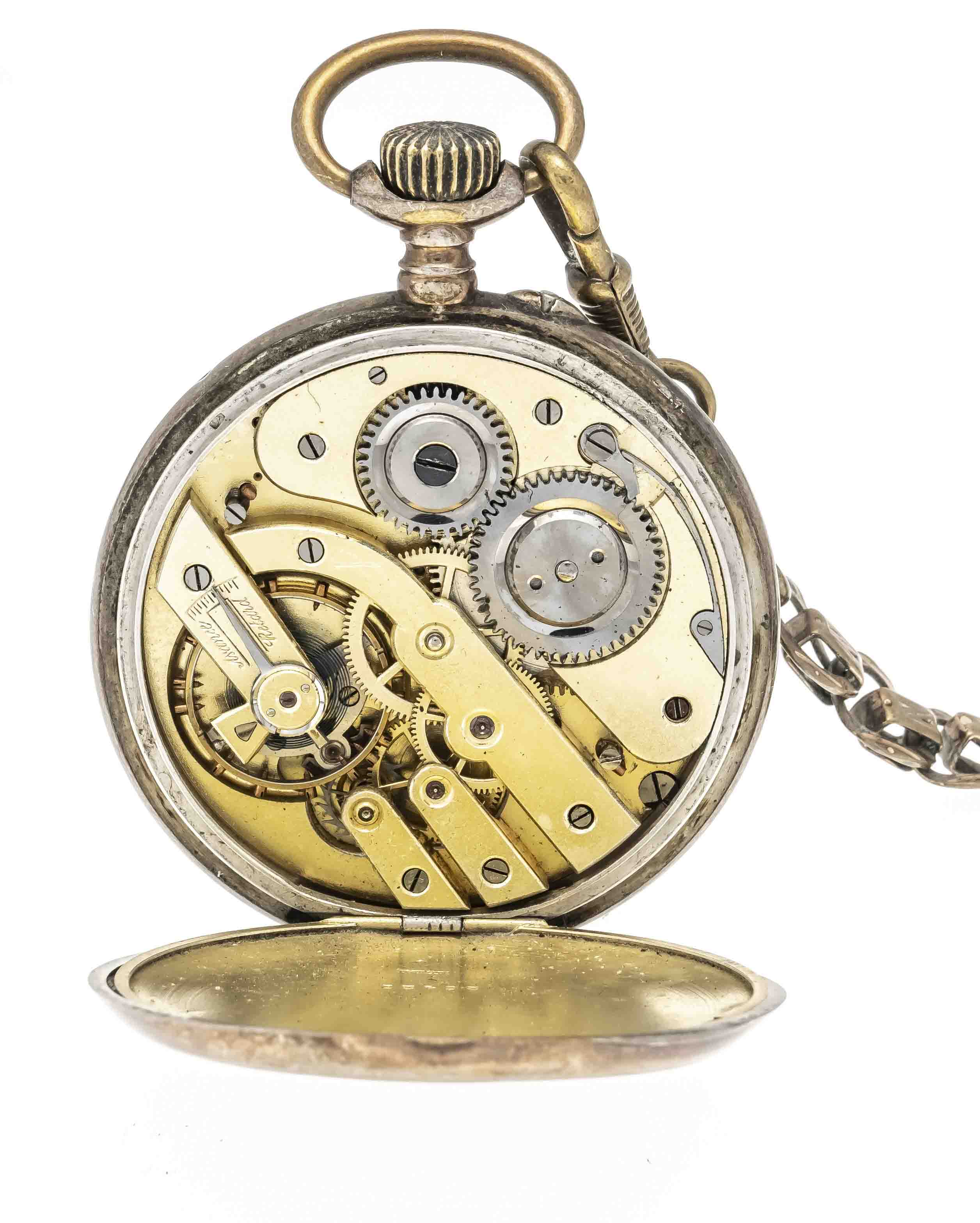 Men's pocket watch 800/000 silver with dbl.chain, case partly gold plated, backside guiloched with - Image 2 of 2