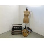 VINTAGE MANNEQUIN DRESS STAND ALONG WITH VARIOUS DESIGNS, JACOLL HAT AND ONE OTHER,