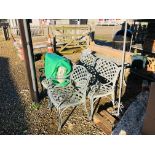 A DECORATIVE ALUMINIUM PATIO TABLE AND FOUR CHAIRS WITH CUSHIONS PLUS DECORATIVE CAST IRON PARASOL