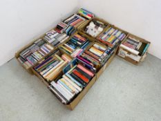 11 BOXES OF ASSORTED BOOKS, DVD'S AND CD'S TO INCLUDE COOKING, HOME LIVING, NOVELS ETC.