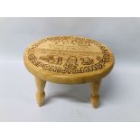 A CHILD'S BEECH WOOD STOOL CARVED WITH ALPHABET,