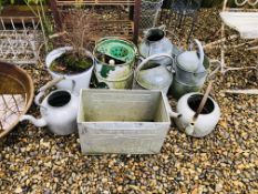 A GROUP OF ENAMELLED AND GALVANISED ITEMS TO INCLUDE WATERING CANS, KETTLES, WALLS ICE CREAM BOX,