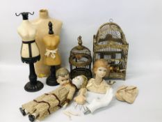 VARIOUS PORCELAIN VINTAGE DOLLS, DISPLAY HEADS, MANIKIN BODY,