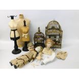 VARIOUS PORCELAIN VINTAGE DOLLS, DISPLAY HEADS, MANIKIN BODY,