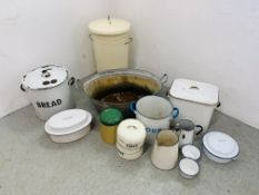 COLLECTION OF 11 ENAMEL STORAGE BINS AND KITCHENALIA INCLUDING BREAD BIN, JUGS, COOKING TINS, BIN,