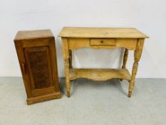 AN ANTIQUE WAXED PINE SINGLE DRAWER WASH STAND - W 89CM. D 42CM. H 77CM.