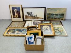 A GROUP OF ASSORTED FRAMED PRINTS AND PICTURES, FRAMED TAPESTRY ETC.