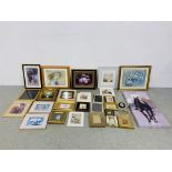 A BOX CONTAINING A COLLECTION OF MODERN FRAMED PICTURES AND PRINTS,