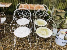 FOUR WHITE METAL GARDEN CHAIRS AND FOLDING METAL GARDEN TABLE.