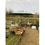 A HARDWOOD GARDEN COMPANION SEAT SET COMPLETE WITH PARASOL AND CUSHIONS.