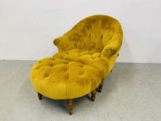 AN ALEXANDER JAMES MODERN GOLD VELOUR UPHOLSTERED BUTTON BACK TUB CHAIR WITH MATCHING FOOTSTOOLS