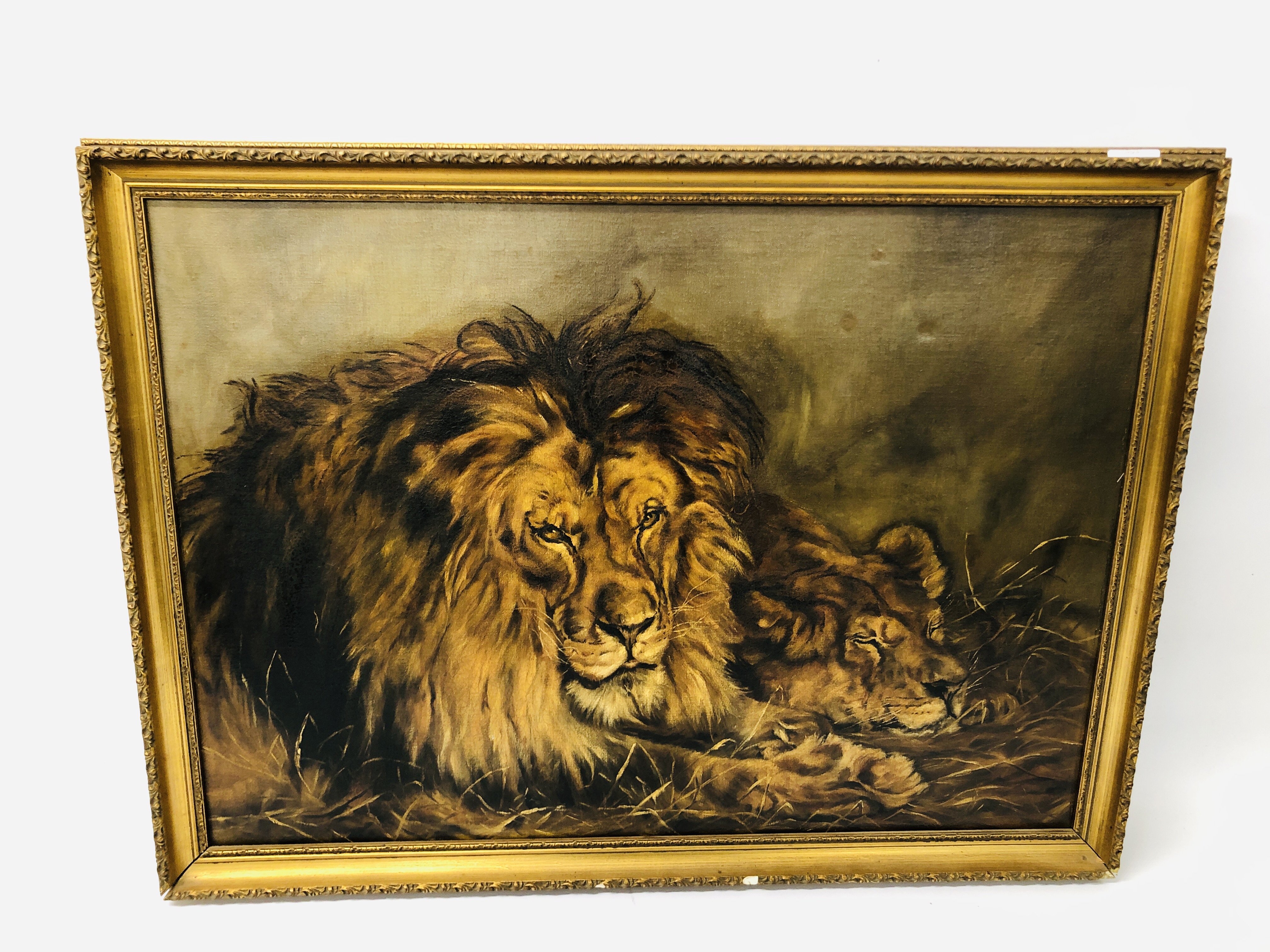 OIL ON CANVAS LION & LIONESS DETAILS TO REVERSE (PAINTED FROM A PICTURE HALF THIS SIZE BY E.G.