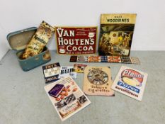 VARIOUS VINTAGE AND REPRODUCTION ADVERTISING SIGNS TO INCLUDE VAN HOUTENS COCOA, HOT BATHS,